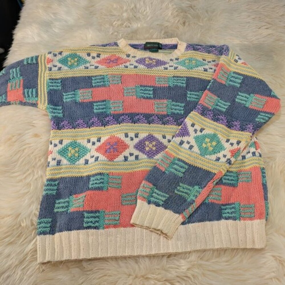 Vintage Britches Hand Knit Chunky Pastel Crewneck Sweater Size Large